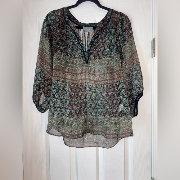 Maeve Anthropologie Blouse Women Sz Large 3/4 Sleeve Floral Sheer Poppy Blouse - Picture 1 of 6